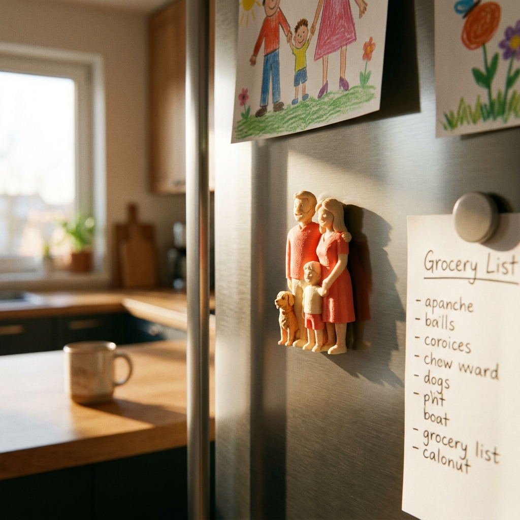 Magnet figurine sur frigo familial